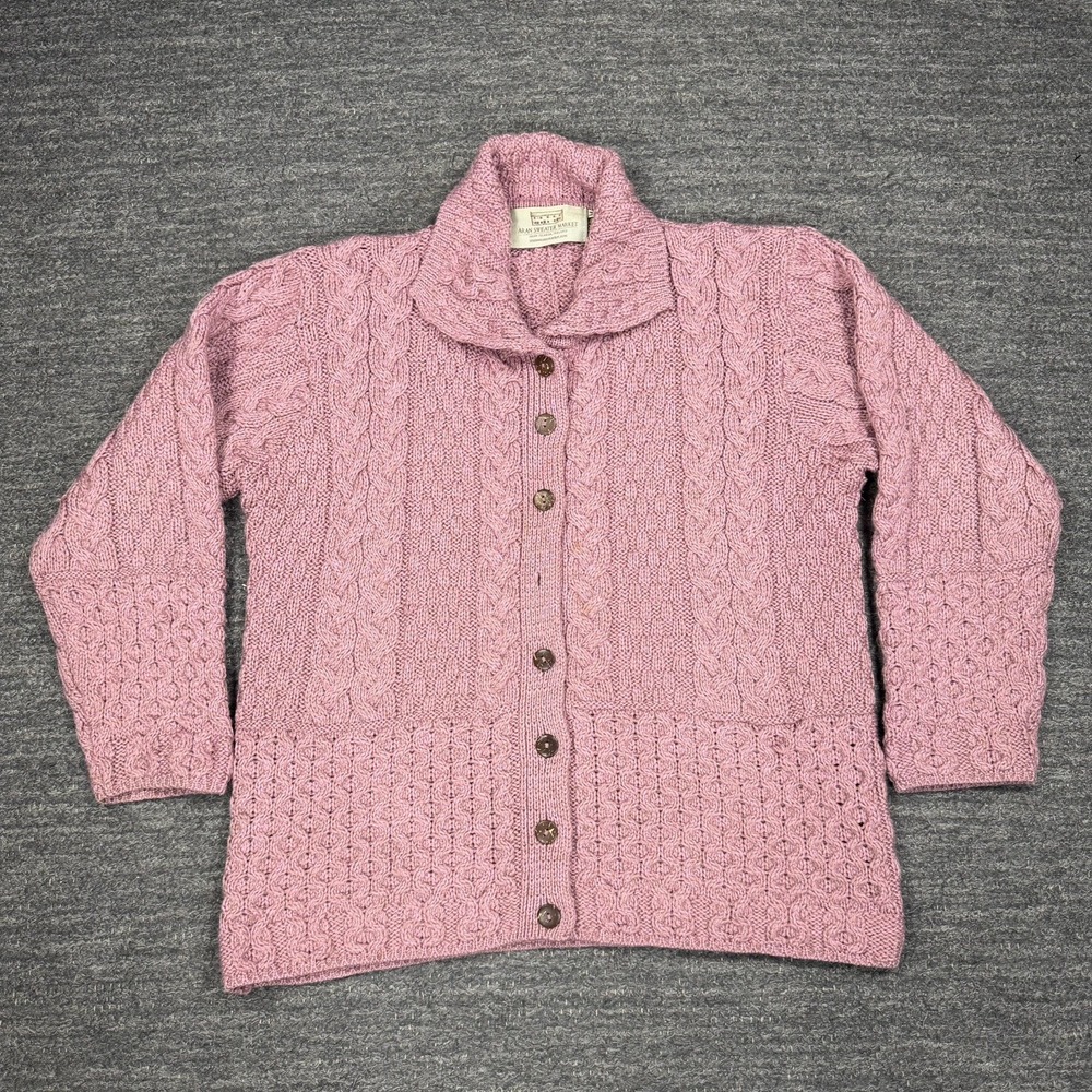 Aran Sweater Market Cardigan Women Medium Pink Cable Knit Merino Wool FLAW